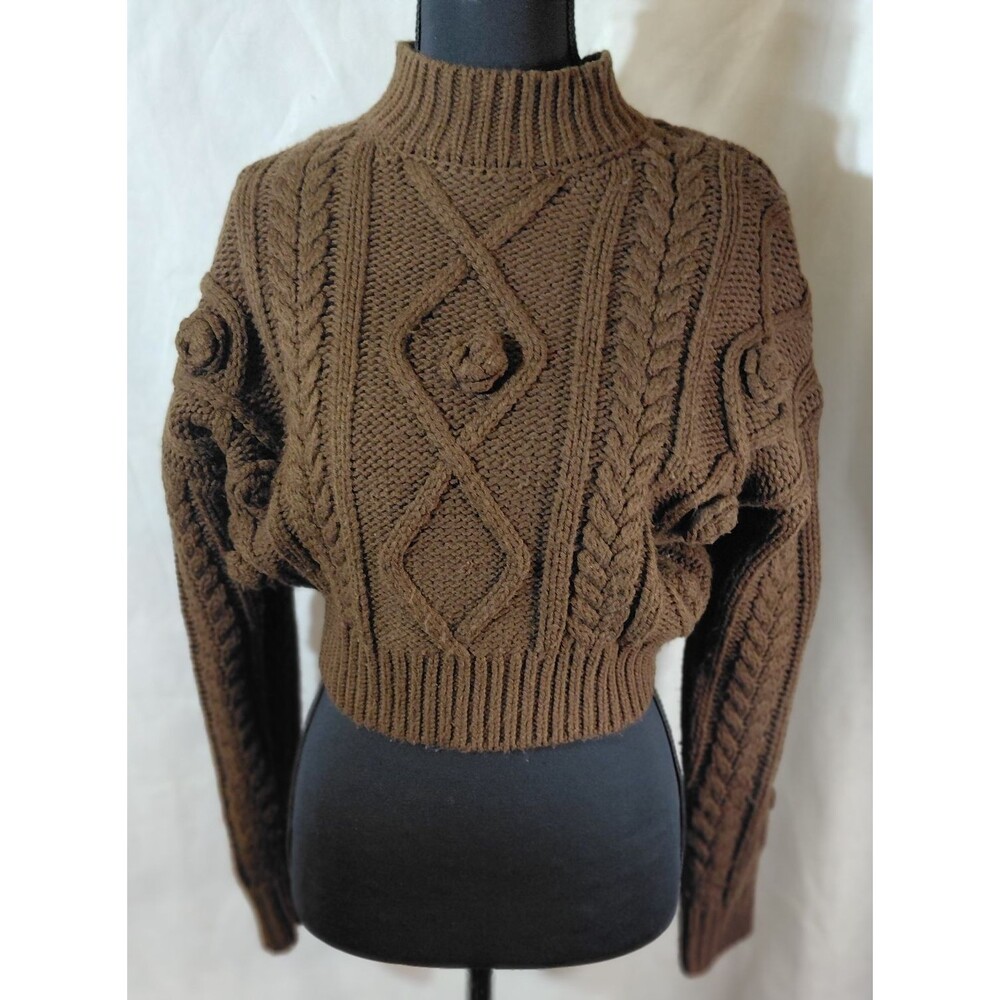 Forever 21 Sweater Womens Small Brown Cable Knit Long Sleeve Cropped Mock Neck